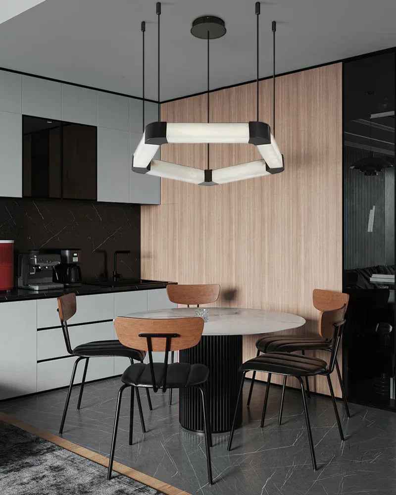 LightsStory Series Geometric Chandelier | Double Pentagons Ring Natural Alabaster and Polished Stainless Steel, Polished Stainless Steel finish for Dining rooms, lobbies, or offices American Vintage chandelier lamp