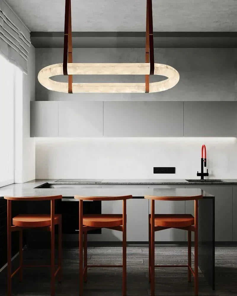 American Coastal LED Round White Marble Pendant Lighting with Brown Leather Belt American chandelier