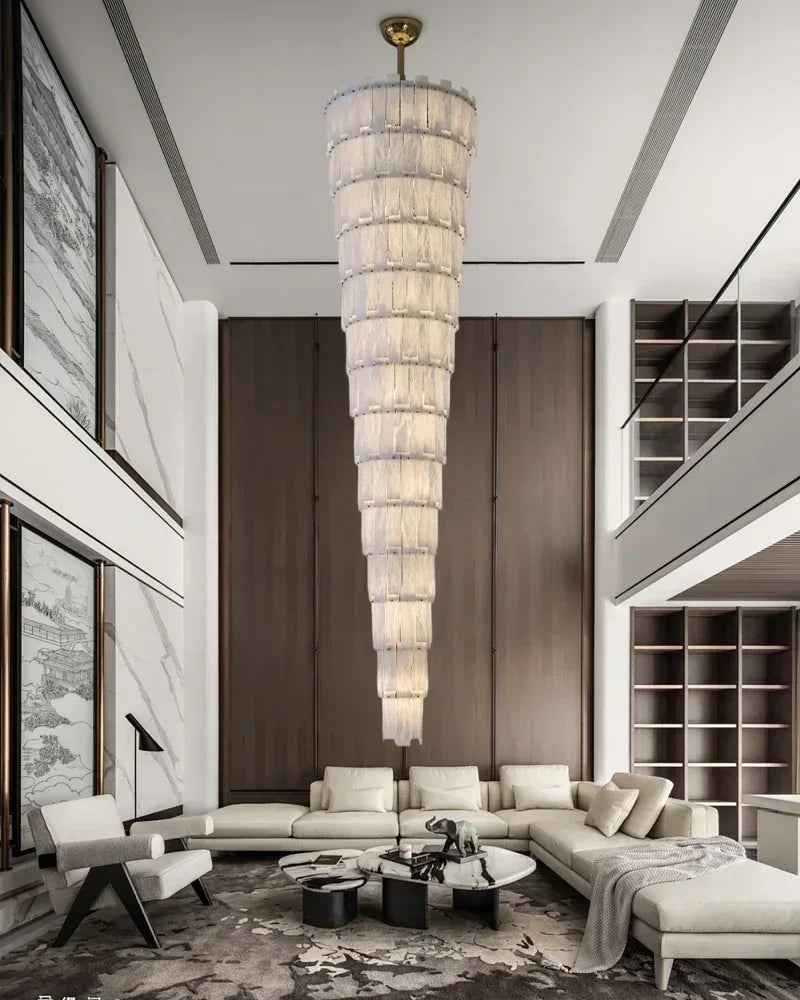 LightsStory Series Geometric Chandelier | Multi-Tiered Rectangular Natural Gypsum Alabaster, Natural Matte Finish for Grand Lobbies and Spacious Entrances Luxury Modern Chandelier