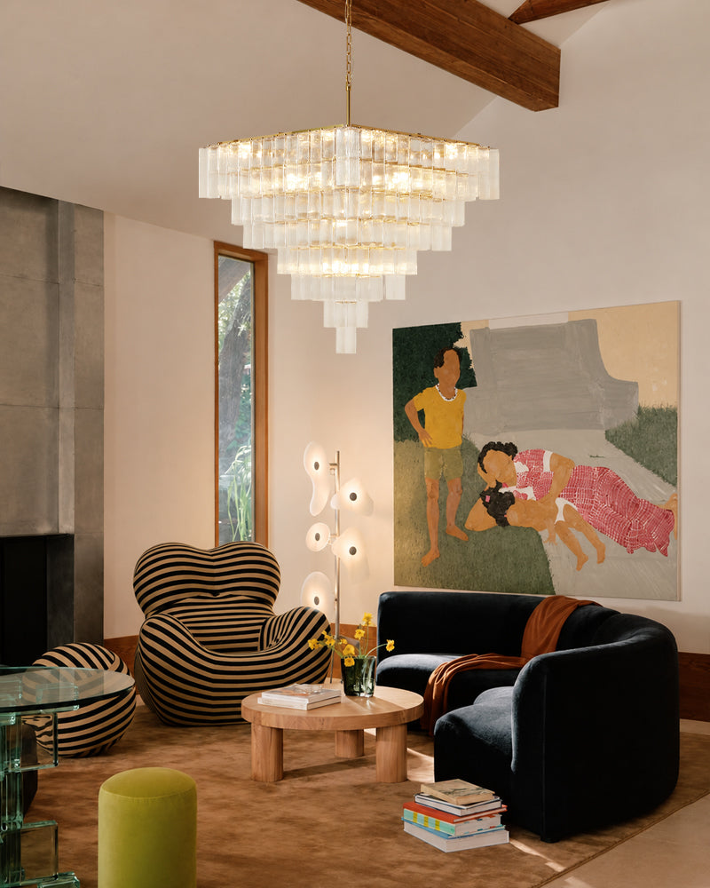 Parisian Cascading Waterfall Crystal Ghiaccio Prism Chandelier - Textured Glass, Lux Gold Trim - Living Rooms, Bedrooms, Dining Rooms