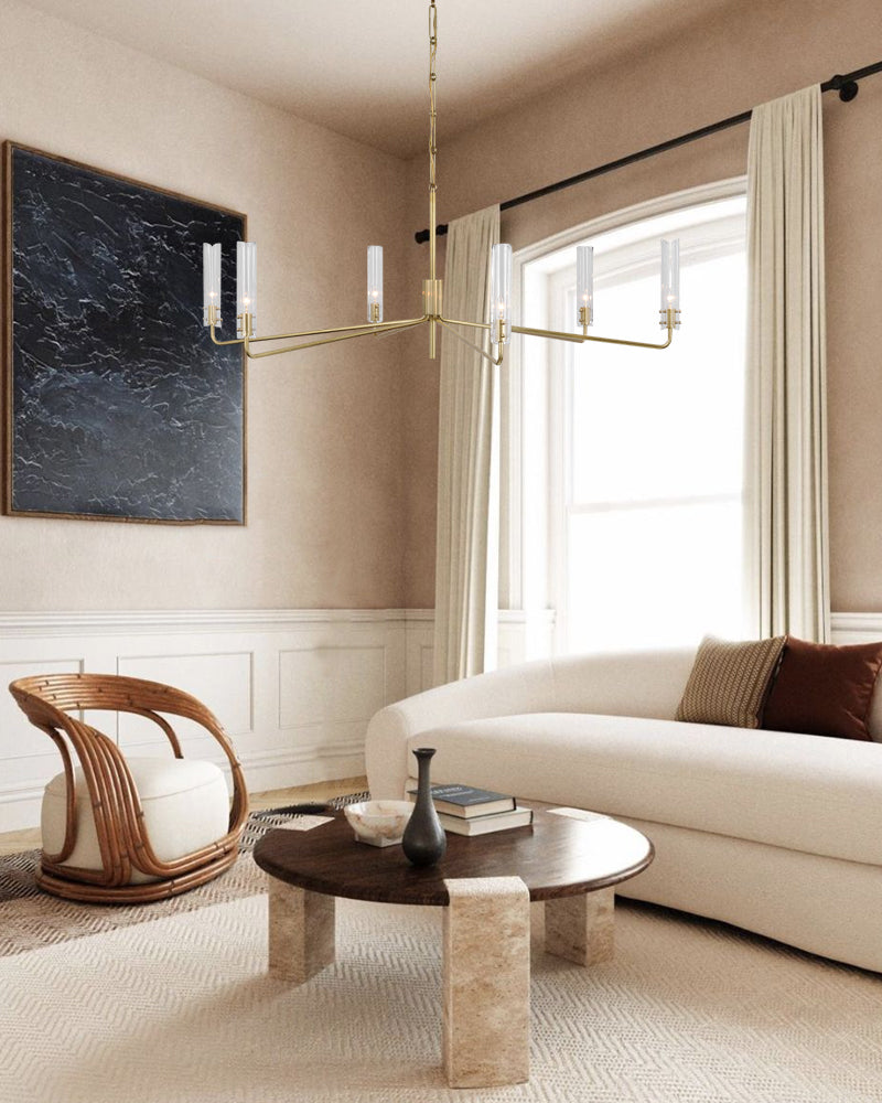 Brushed Chrome Metalwork Chandelier with Textured Slender Clear Glass Cylinders