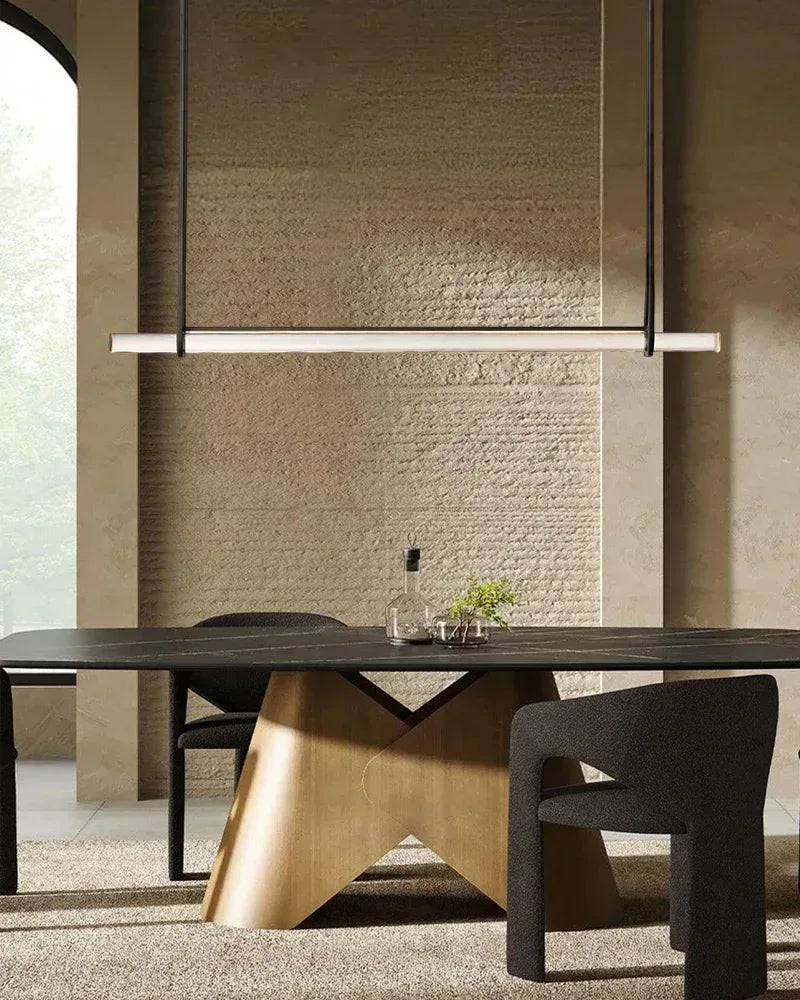 Valence Series Architectural Linear Chandelier | Triple Bar Prism Meticulously crafted clear prisms with vertical brass drops, Lacquered Burnished Brass and Black for Dining Rooms and Kitchen Islands American chandelier