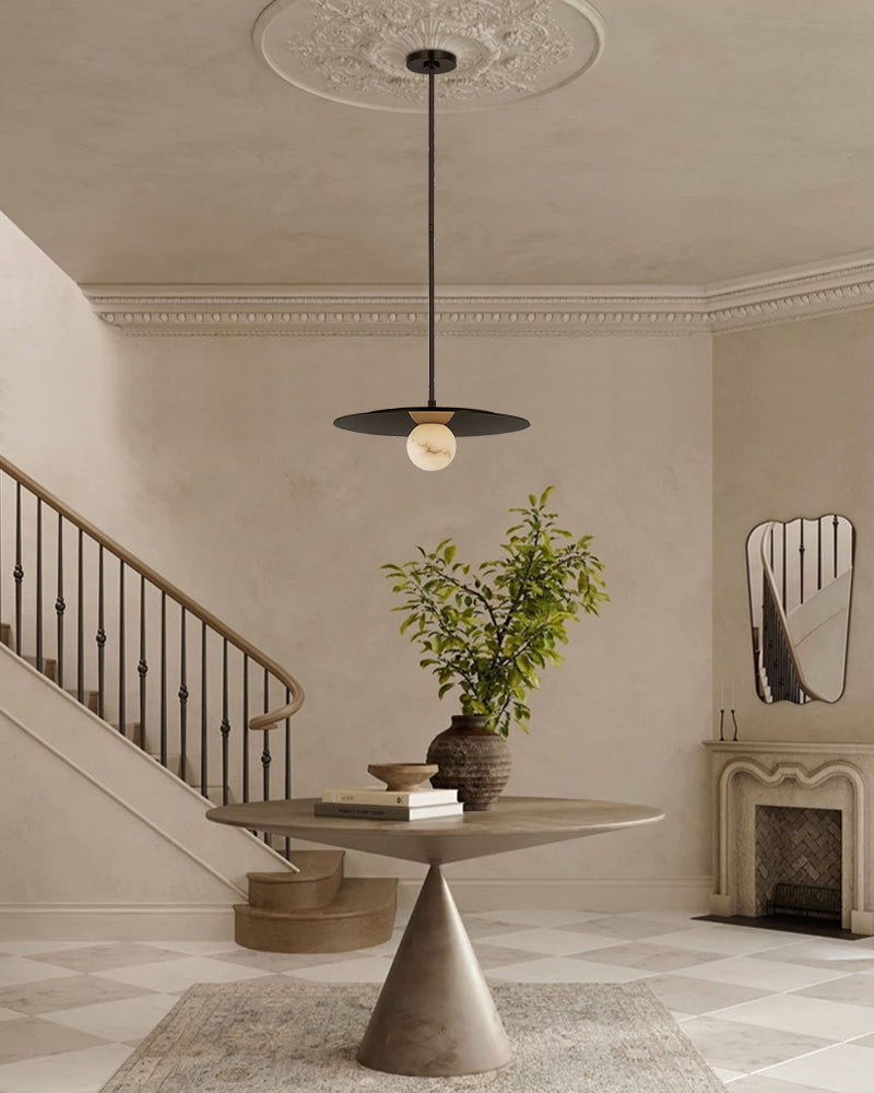Alabaster Globes LED Disc Pendant Light in Lacquered Brass/Bronze Stainless Frame