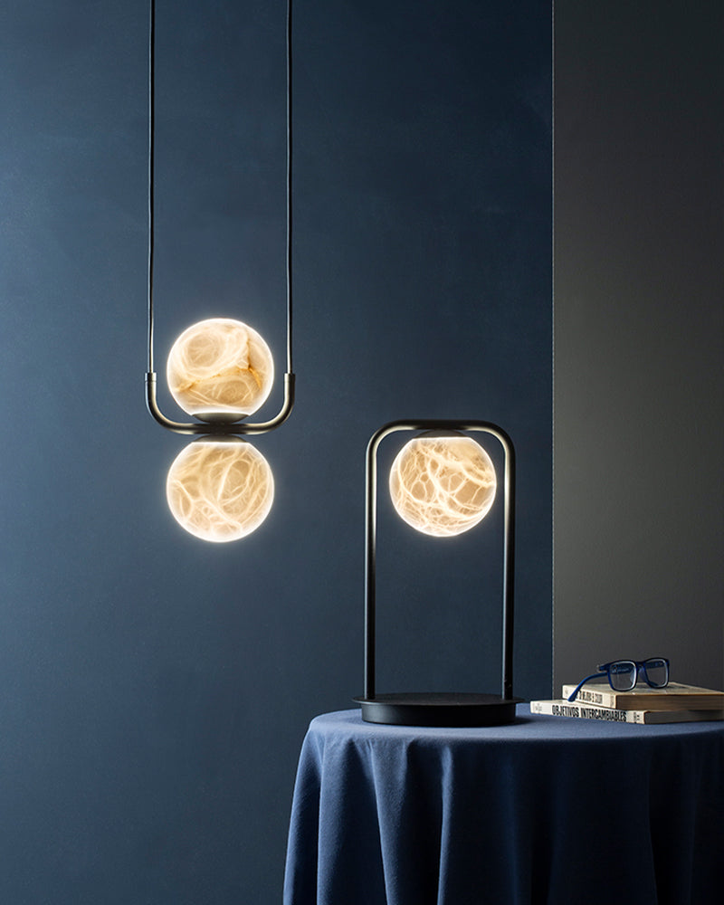 Modern Bedside Indoor Lighting Single Alabaster Globe LED Desk Table Lamp Black Iron Textured