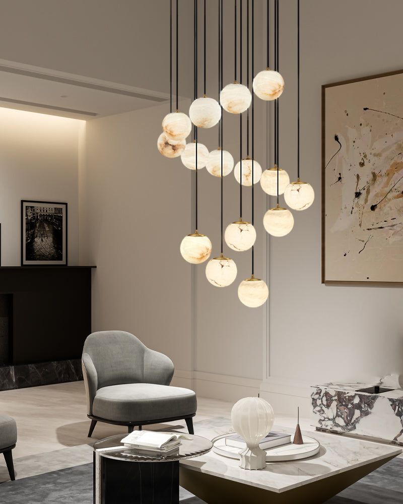 Elegant 22-light marble pendant lamp cluster in contemporary living room setting