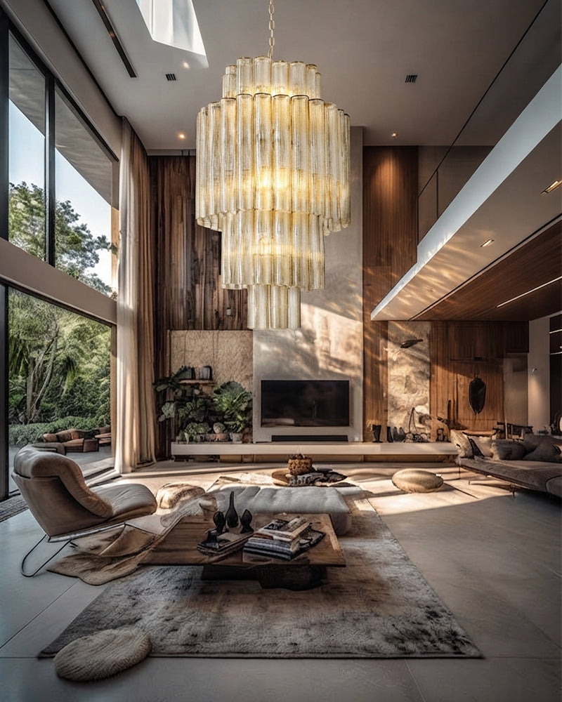 Luxury Glass Multi Tiered Cascading Glass Rod Waterfall Chandelier - Crystal Clear Glass, Lux Gold Trim - Statement Entrances, Lobby, Stairwells & High Ceilings