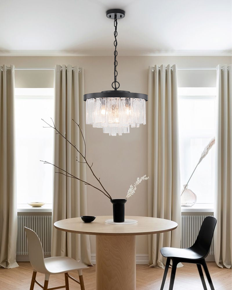 Courmayeur Series Luminous Chandelier | Multi-tier Hammered Water Glass Hammered water glass shade with durable metal frame, Matte Black and White Gold for Living rooms and dining areas Luxury Drum Round Chandelier