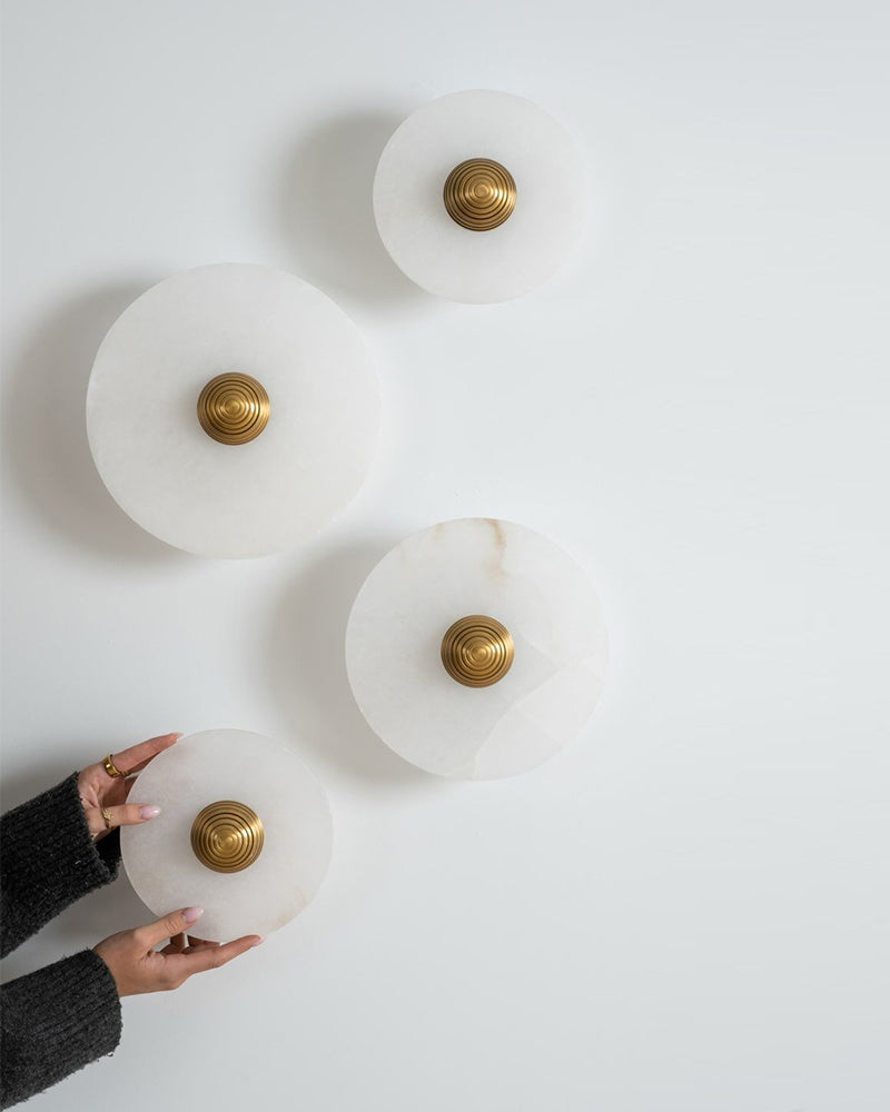 Modern Brass Hardwared Round Alabaster Conbination Plug-in Wall Lamp 10" Wide