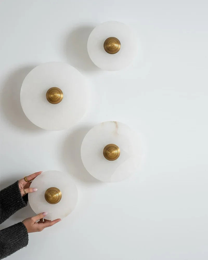 Modern Brass Hardwared Round Alabaster Conbination Plug-in Wall Lamp 10" Wide Modern Art Design Wall Lamp
