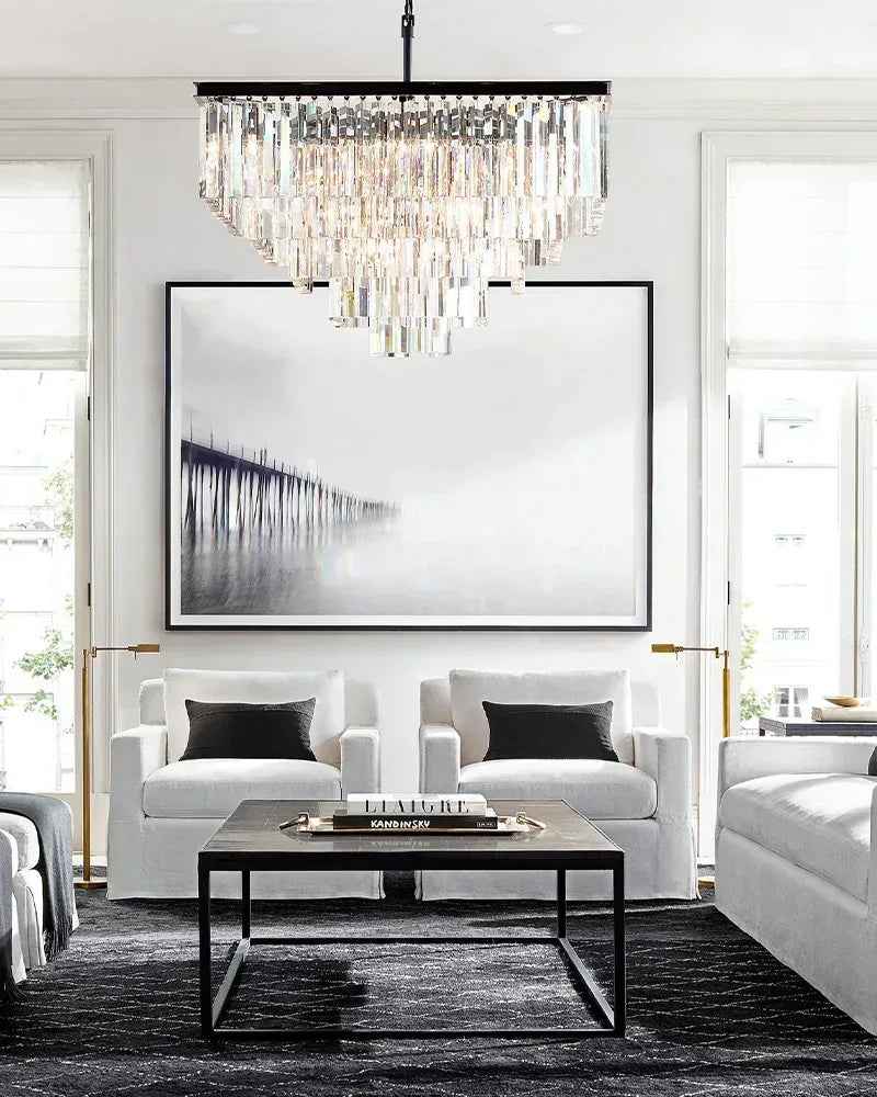Gold Iron Frame Multi-Tier Rectangular Crystal Dimming Chandelier Dining Room Lighting 34" American chandelier