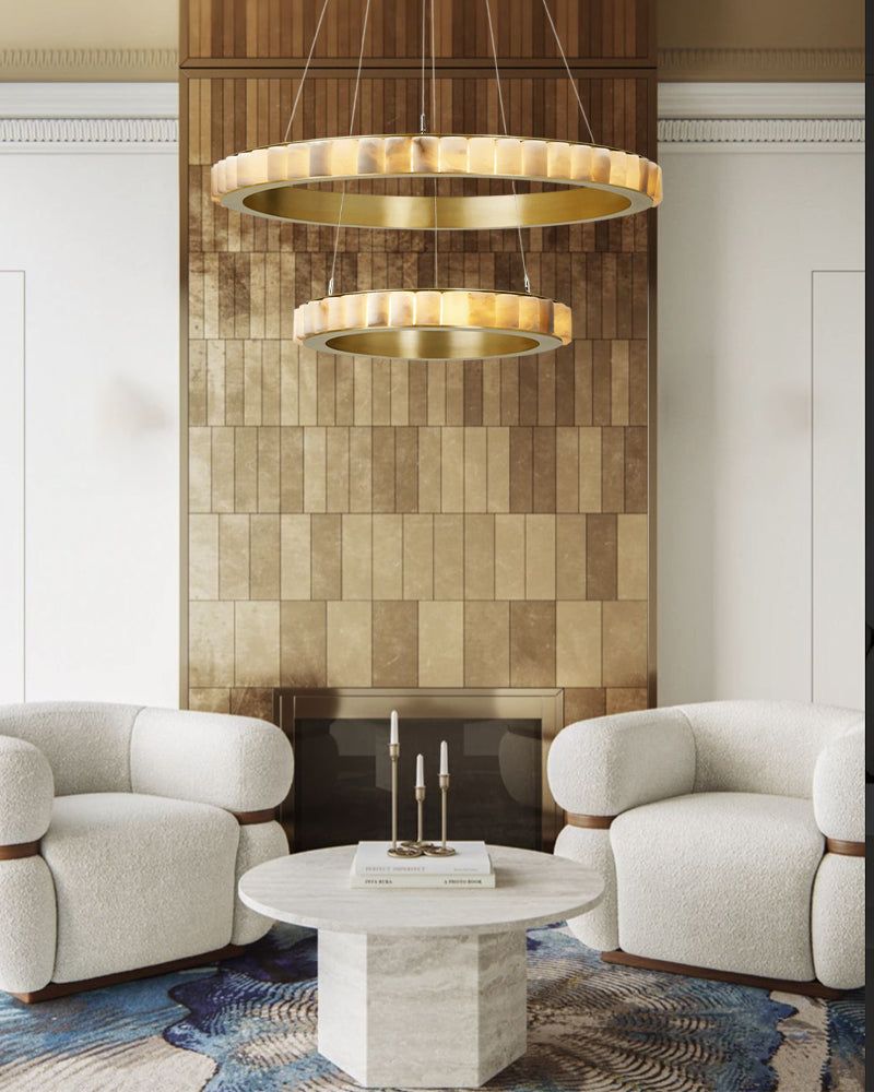 Triple Ring Alabaster Long Cord Chandelier Wide 22" 33" 49" | Brush Black/Gold Frame