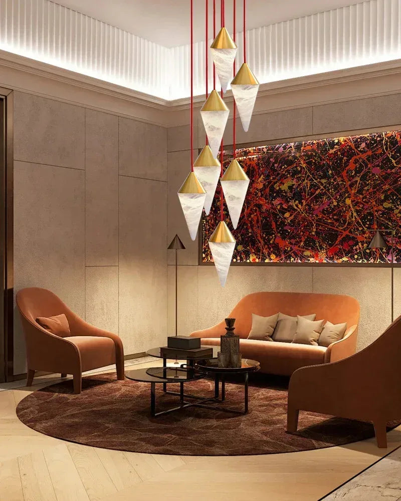 Stairwell Cluster Lighting American Loft Brass Conical Alabaster Cluster Pendant Lighting Modern Pendant lamp