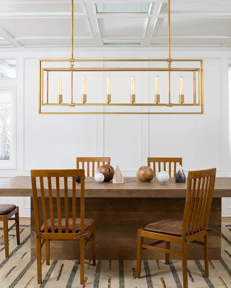 Rockport Series Geometric Chandelier | Rectangular Lantern Tempered glass and sleek metal frame, Brushed brass and black steel for Grand entryways and dining rooms American Vintage chandelier lamp