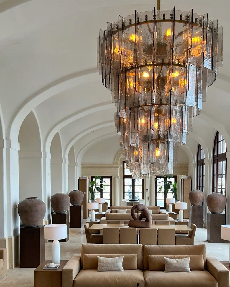 Four-layer Vintage Crystal Matrix Chandelier in brass with transparent/smoke grey glass