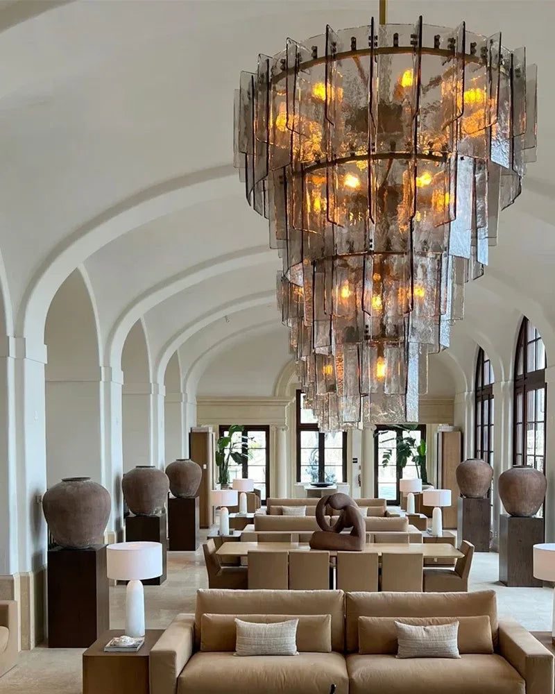 Four-layer Vintage Crystal Matrix Chandelier in brass with transparent/smoke grey glass American Vintage chandelier lamp