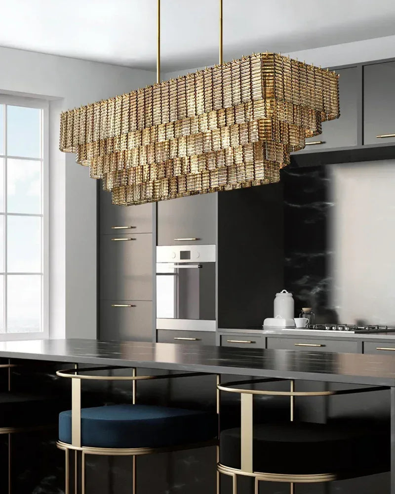 Clear & Smoke Ridged Glass Multi-Tire Large Rectanglular Sirene Chandelier Collection 40“ 48” 60" 70" American chandelier