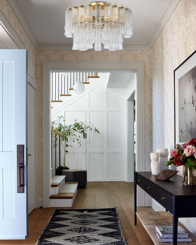 Bellagio Fluted Opal Glass Double Tier Ceiling Light - Semi Flush Mount, Lux Brass Trim - Bedrooms & Living Rooms