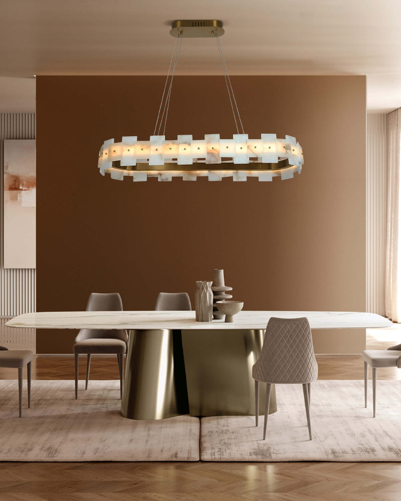 Marble Circle Hanging Lamp Minimalism White and Brass Alabaster Halo Chandelier Dining Table
