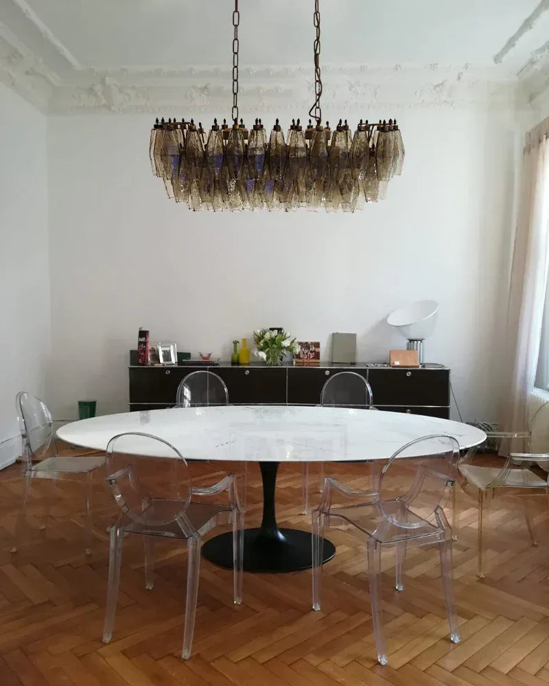 LightsStory Series Ethereal Chandelier | Rectangular Poliedri Hand-blown Murano textured glass, Plated-brass or bronze accents for Dining Rooms and Living Areas American chandelier