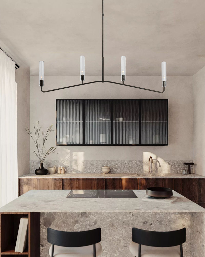 Brushed Chrome Metalwork Chandelier with Textured Slender Clear Glass Cylinders