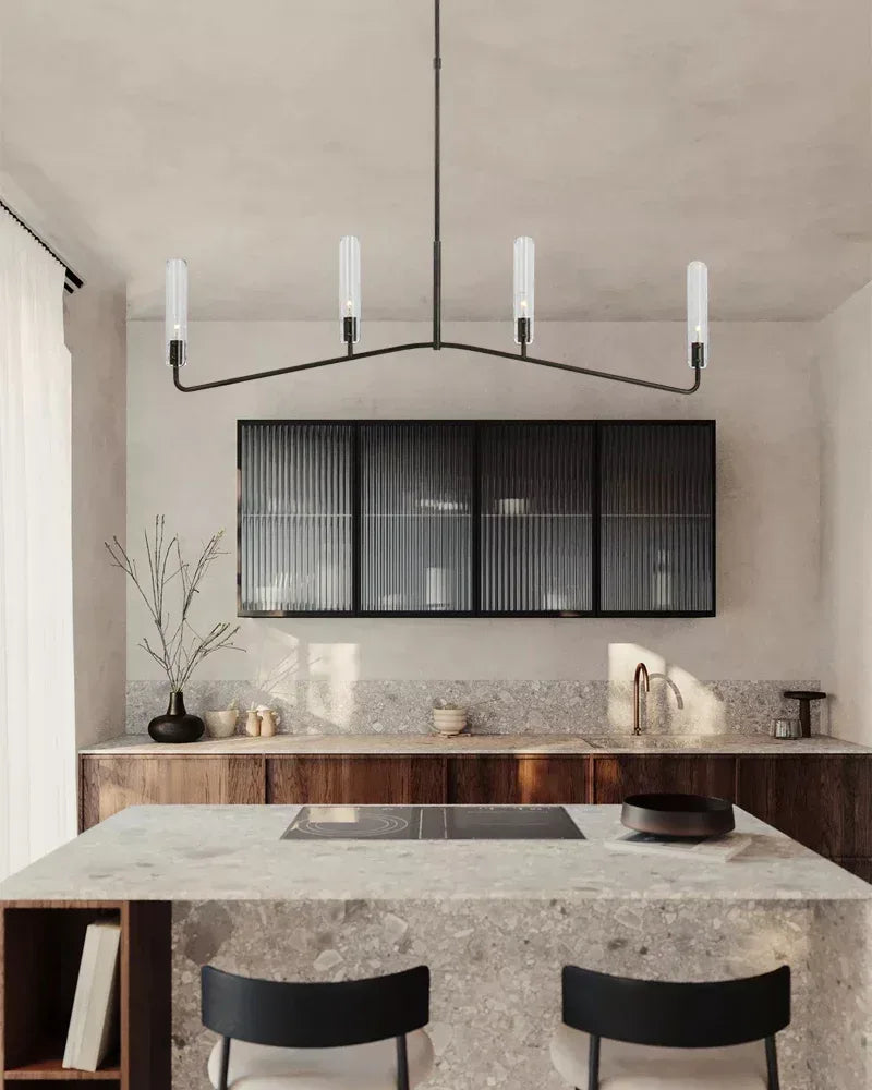 Lugano Series Geometric Chandelier | Two-tier linear Textured Slender Clear Glass Cylinders, Brushed Chrome for High ceilings and grand rooms American chandelier