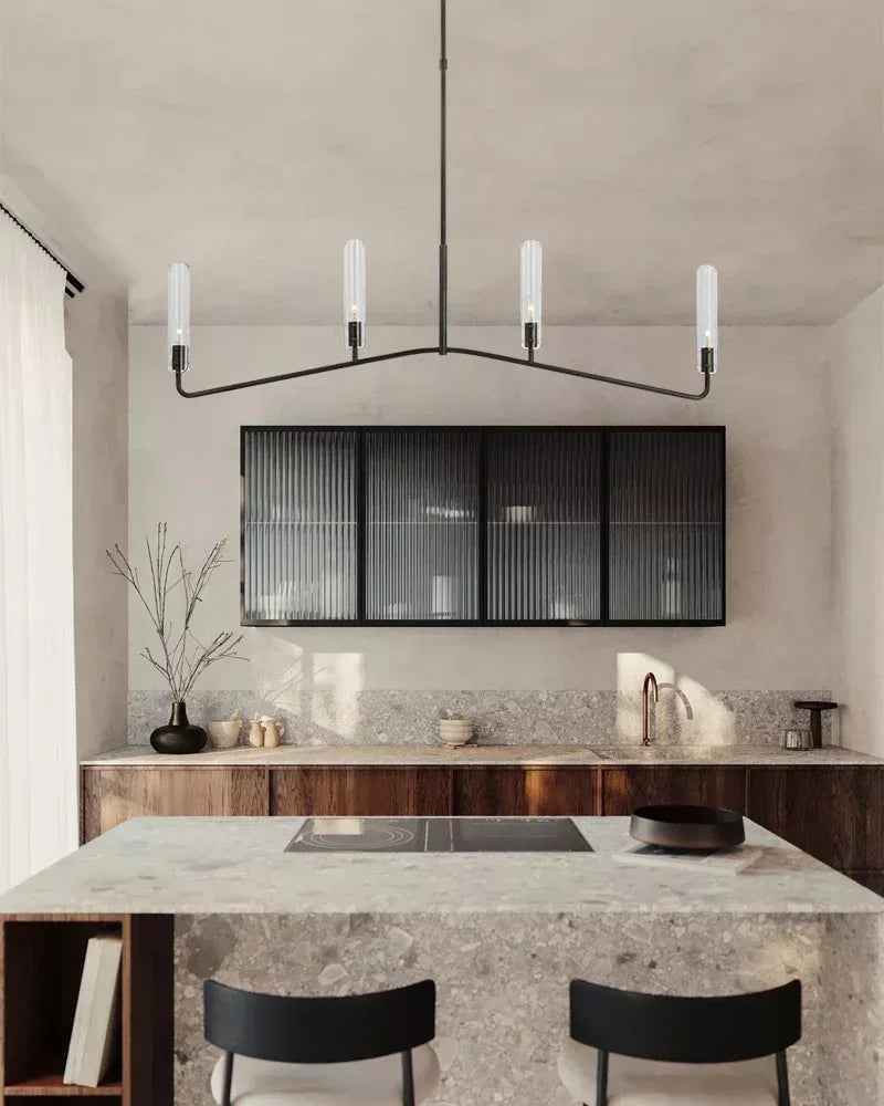 Lugano Series Geometric Chandelier | Two-tier linear Textured Slender Clear Glass Cylinders, Brushed Chrome for High ceilings and grand rooms American chandelier