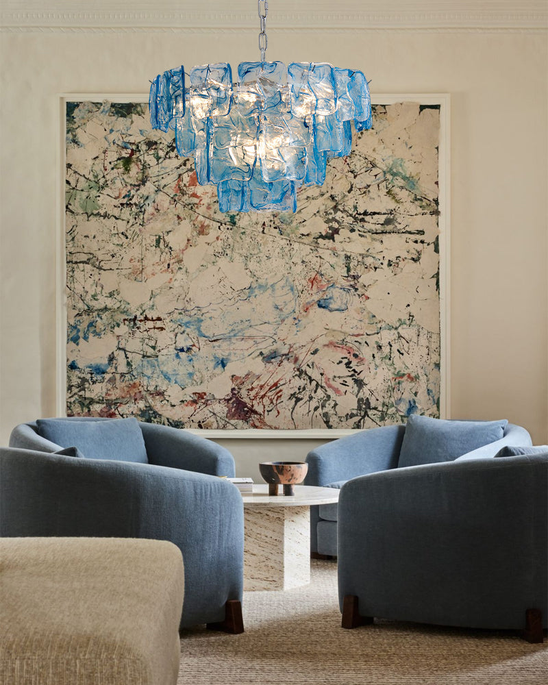 Murano Glass Azure Blue Circular Prism Multi Tiered Waterfall Chandelier - Handblown Glass, Brass Trim - Living Rooms, Dining Rooms & Bedrooms