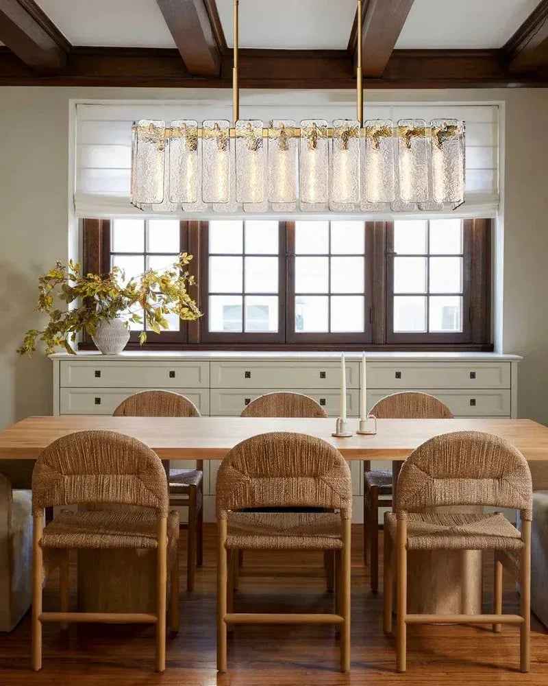 Winchester Series Geometric Chandelier | Linear Handcrafted Rippled Glass Panels, Minimalist Metal Frame for Kitchen Islands and Dining Areas American chandelier