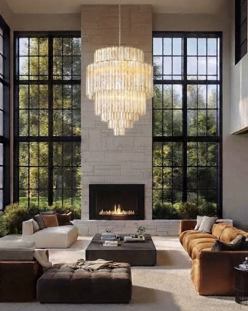 Luxury Glass Multi Tiered Cascading Glass Rod Waterfall Chandelier - Crystal Clear Glass, Lux Gold Trim - Statement Entrances, Lobby, Stairwells & High Ceilings