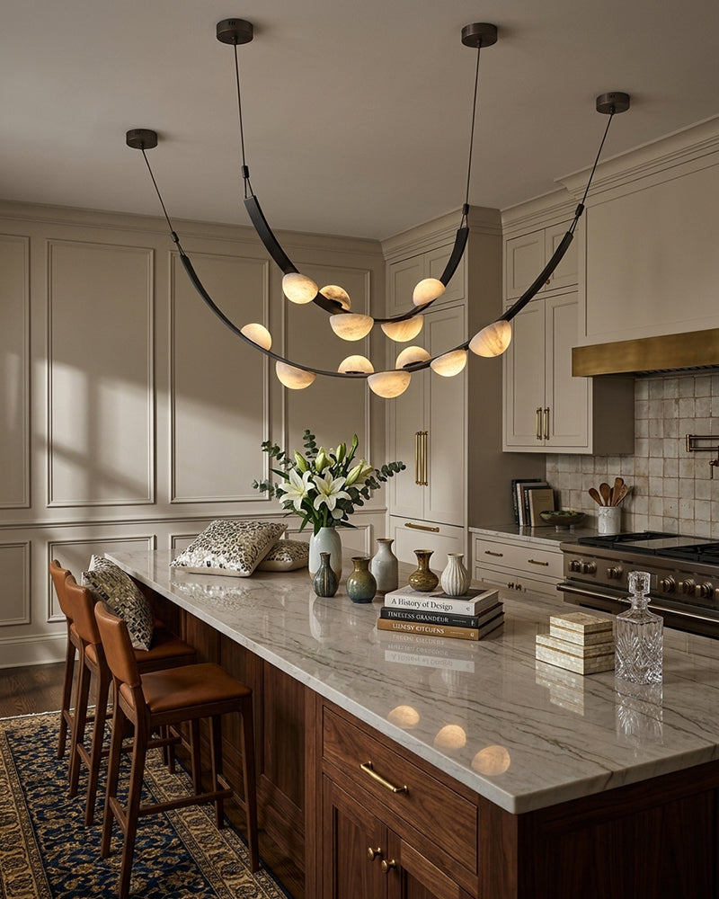 Alabaster Pebble Arched Sculptural Geometric Canopy Pendant Light - Natural Spanish Alabaster, Serene Black Trim, Brown Leather