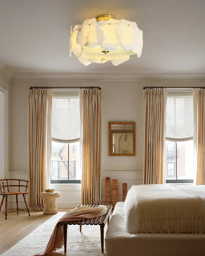 Elegance Semi Flush Alabaster Round Ceiling Light Fixture in Brass Flush Mounted Ceiling Lamp