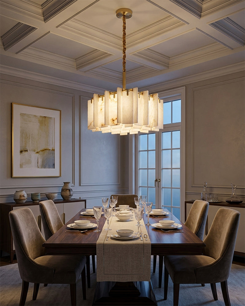 Alabaster Concentric Lattice Square Panel Chandelier - Natural Spanish Alabaster, Custom, Lux Brass Trim - Living Rooms, Bedrooms, Dining Rooms