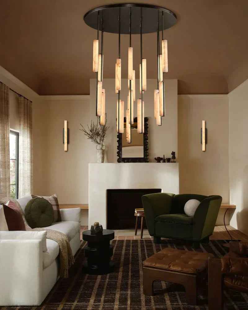 Valence Series Architectural Chandelier | Linear Long Plate Raw Veined Alabaster and Sleek Brass, Sleek Brass finish for Hallways and Dining Rooms American Vintage chandelier lamp