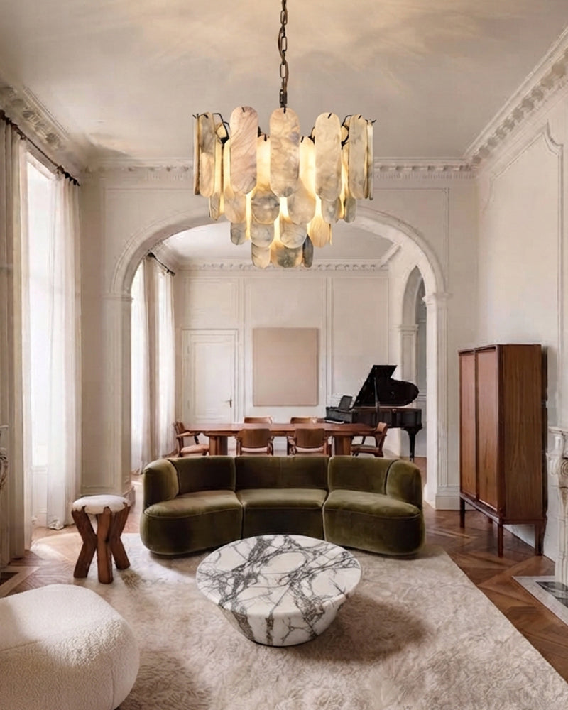 Parisian Alabaster Multi Tiered Concentric Oval Panel Tile Chandelier - Natural Spanish Alabaster, Lux Gold Trim - Living Rooms, Bedrooms, Dining Rooms