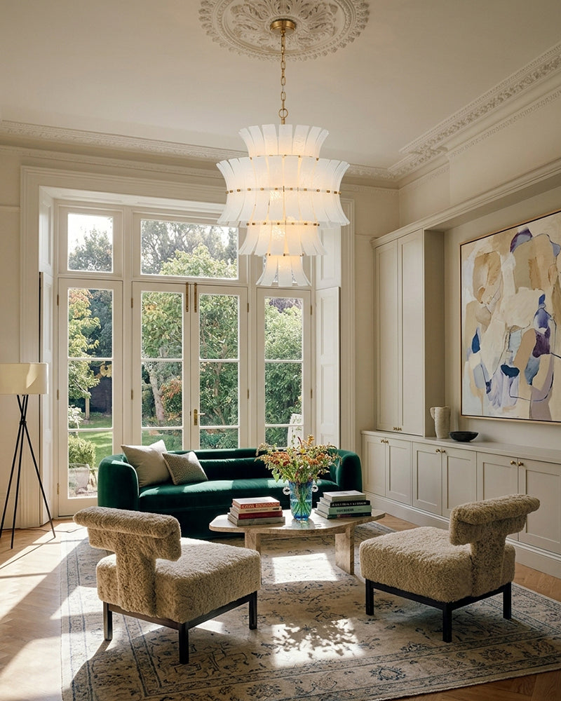 Ghiaccio Glass Ethereal White Multi Tiered Waterfall Chandelier - Heritage Brass Trim - Living Room & Dining Room