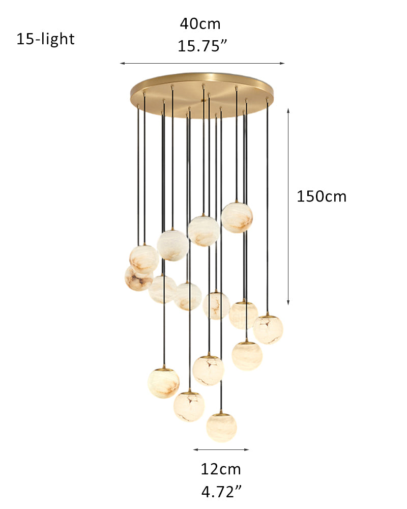 15-light marble pendant lamp cluster with gold mount and black cords, elegant design