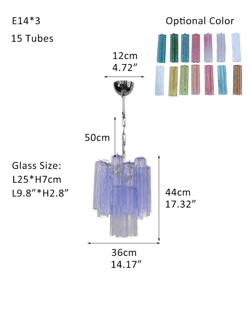 Modern Colored Murano Purple Glass Tube Tronchi Chandelier P-D36*H44CM D14"*H17"(15 tubes) Purple Glass + Silver Frame American chandelier