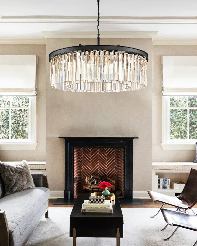 Square 5-tier Clear Crystal Chandeliers 34" with Black Iron Frame American chandelier