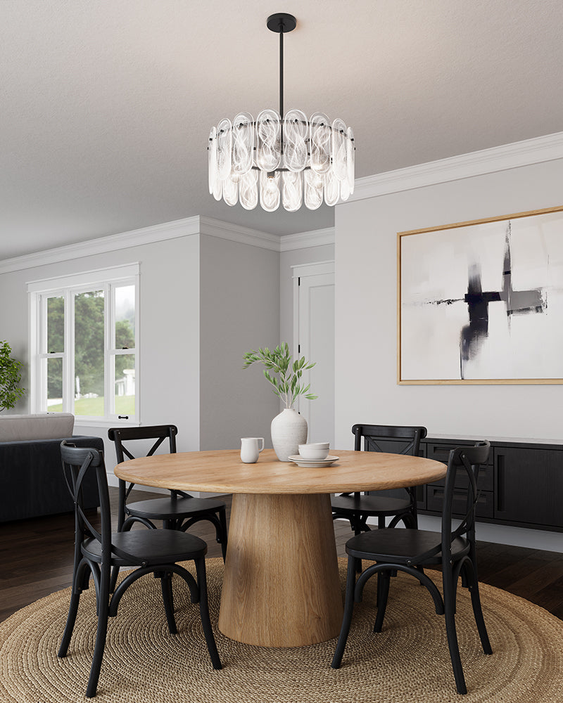 Etienne Glass Petal and Gold Trim Drum Pendant Light - Lux Gold Trim Downrod - Dining Rooms & Living Rooms