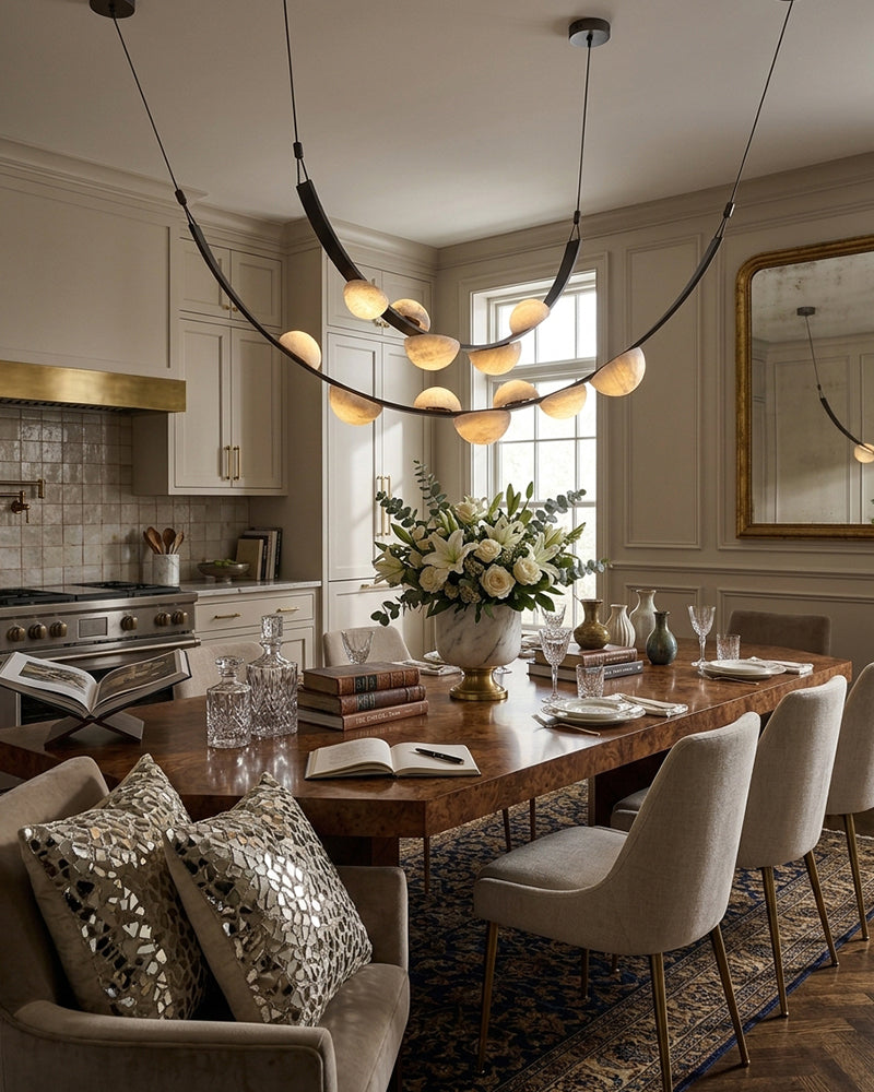 Alabaster Pebble Arched Sculptural Geometric Canopy Pendant Light - Natural Spanish Alabaster, Serene Black Trim, Brown Leather