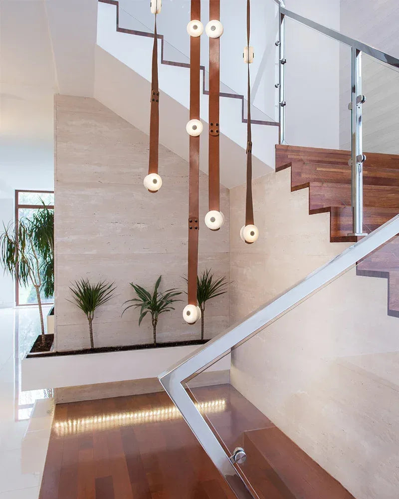 LED Mini SNAPS Module Ceiling Alabaster Pendant Light with Brown Leather Straps Modern Pendant lamp