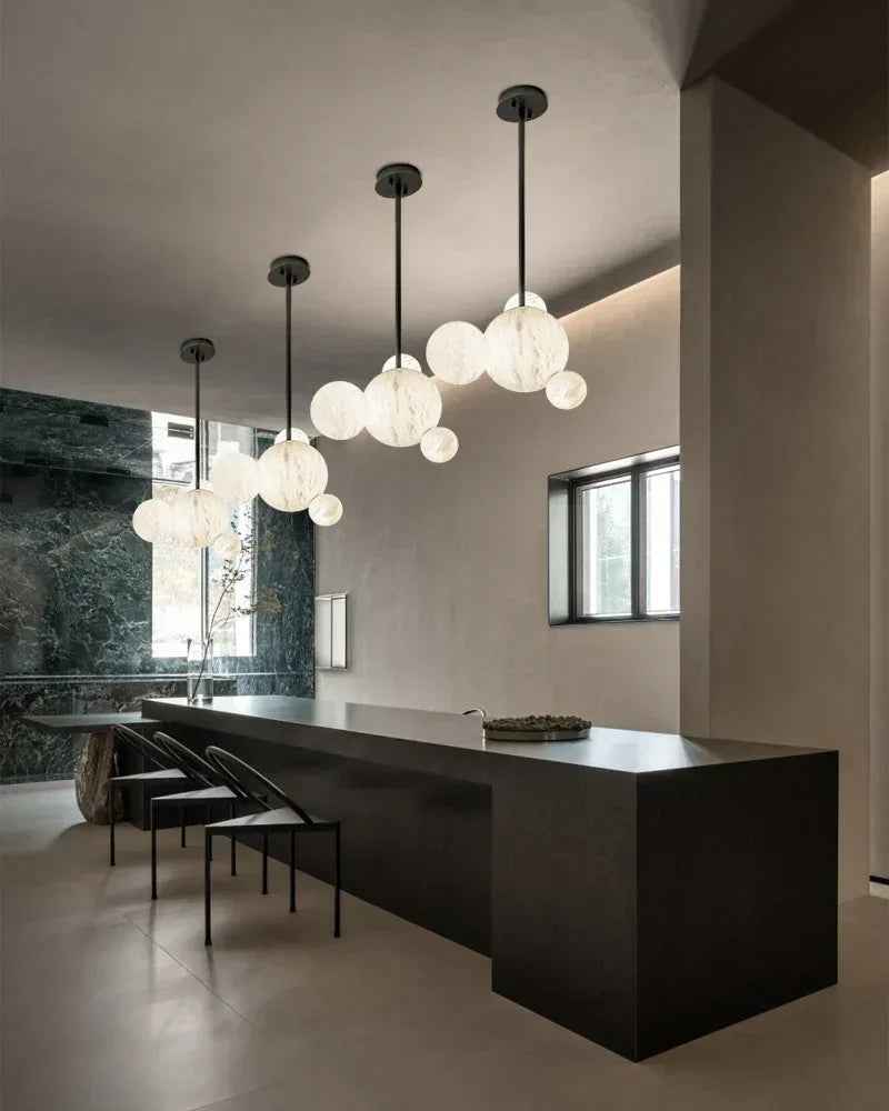 LightsStory Series Ethereal Pendant Light | Alabaster Globe Cluster Hand-Carved Natural Alabaster and Vintage Metal, Nordic Black and Gold finish for Dining Rooms and Kitchen Islands American chandelier