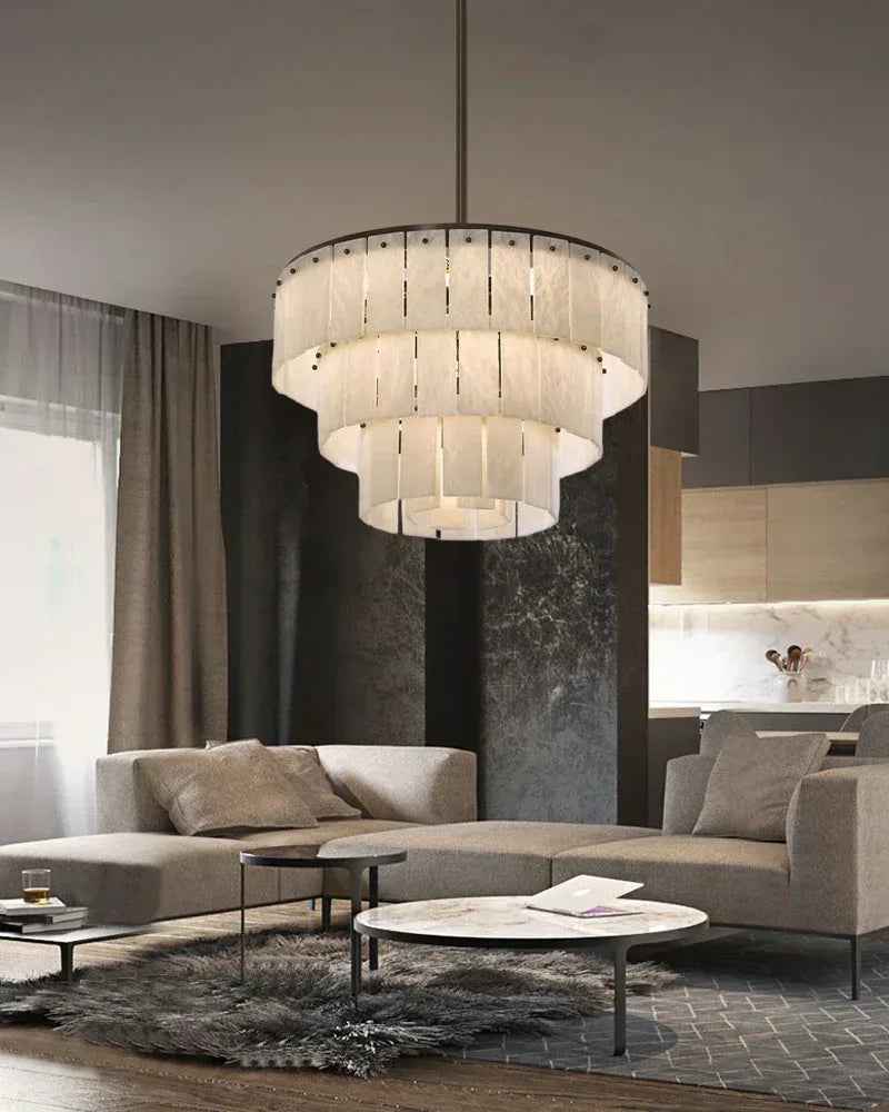 LightsStory Series Geometric Chandelier | Multi-Tiered Rectangular Natural Gypsum Alabaster, Natural Matte Finish for Grand Lobbies and Spacious Entrances Luxury Modern Chandelier