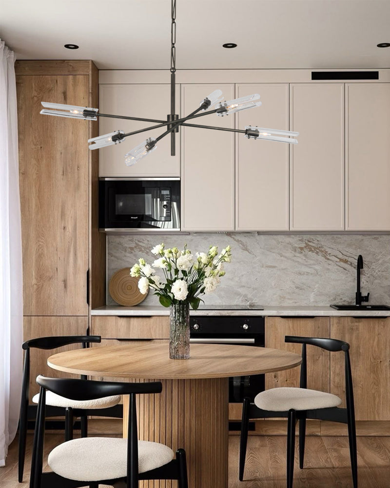 Brushed Chrome Metalwork Chandelier with Textured Slender Clear Glass Cylinders
