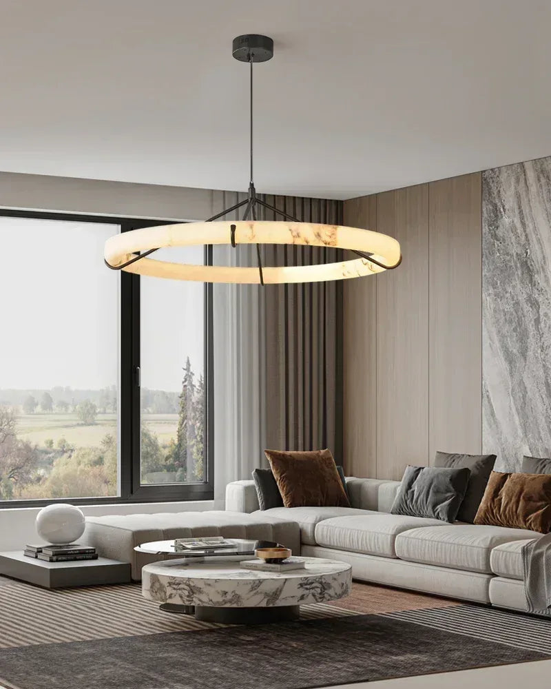 40W Modern Ring Alabaster Pendant Light hanging on black metal pole decor for living room Vintage Simple Pendant Lamp