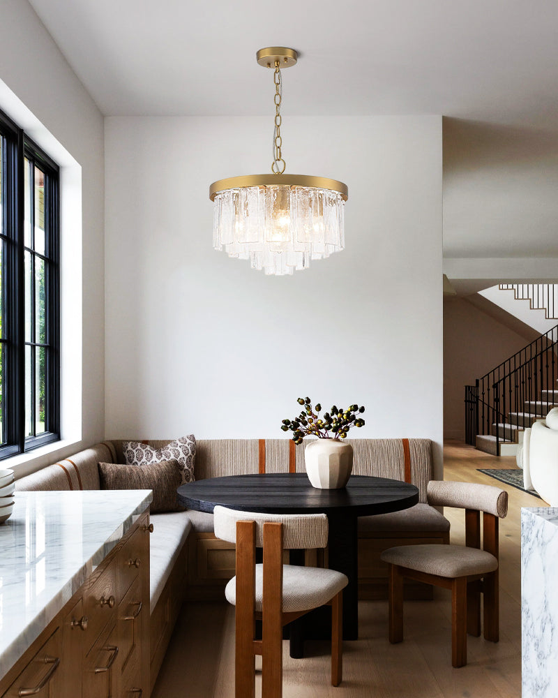 Courmayeur Series Luminous Chandelier | Multi-tier Hammered Water Glass Hammered water glass shade with durable metal frame, Matte Black and White Gold for Living rooms and dining areas Luxury Drum Round Chandelier