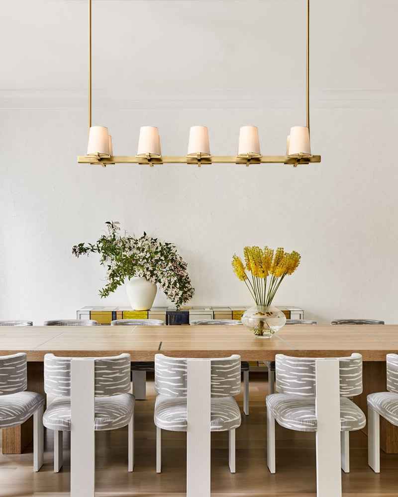 Ravello Series Geometric Linear Chandelier | Open Circular Classic brass structure with modern beige fabric shades, Lacquered Burnished Brass and Black for Dining rooms, kitchens, and entryways American chandelier