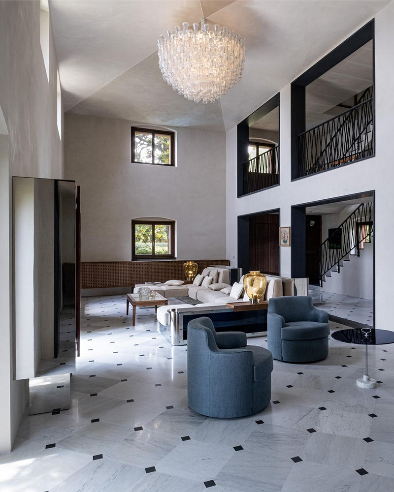 LightsStory Multi-Tiered Flush Mount Ceiling Light - Clear & Amber Glass - Low Profile Luxury Interiors