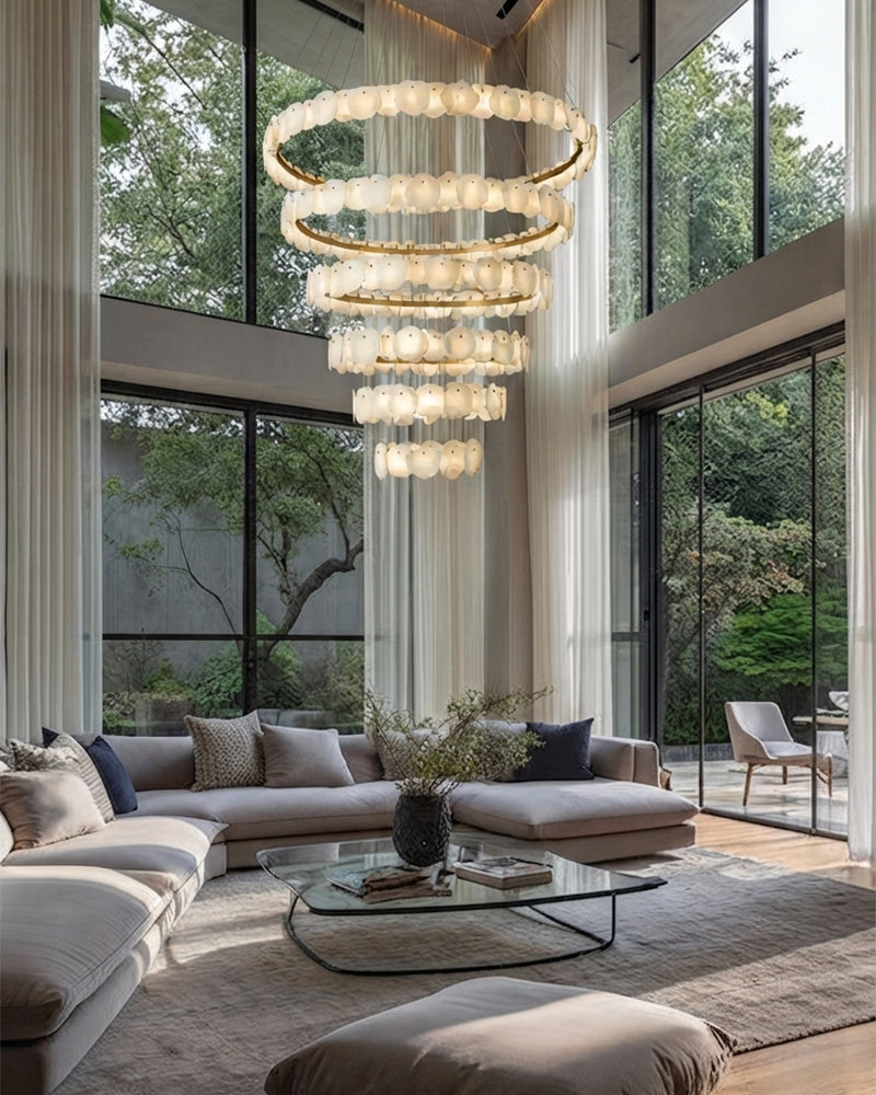 Alabaster Grande Statement Organic Panel Concentric Multi Tier Swirl Chandelier - Natural Spanish Alabaster, Lux Brass Trim - Statement Entrances, Lobby, Stairwells & High Ceilings