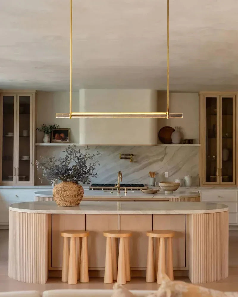 Valence Series Architectural Linear Chandelier | Triple Bar Prism Meticulously crafted clear prisms with vertical brass drops, Lacquered Burnished Brass and Black for Dining Rooms and Kitchen Islands American chandelier